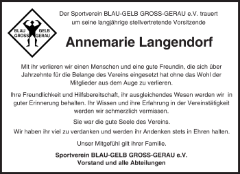 Traueranzeige von Annemarie Langendorf von Trauerportal Echo Online