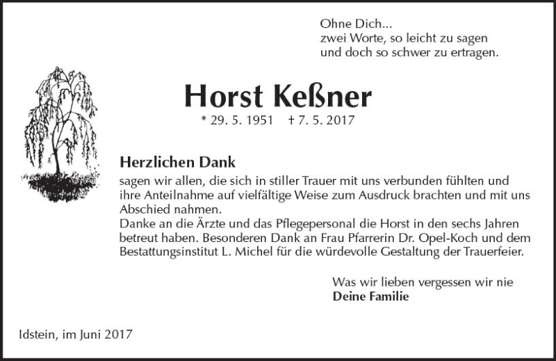  Traueranzeige für Horst Keßner vom 17.06.2017 aus Trauerportal Rhein Main Presse