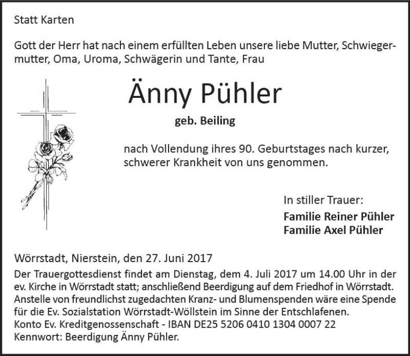  Traueranzeige für Änny Pühler vom 30.06.2017 aus Trauerportal Rhein Main Presse