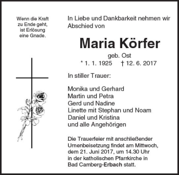 Traueranzeige von Maria Körfer von  Camberger Anzeiger