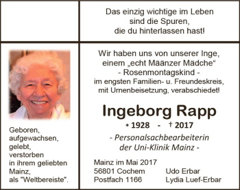 Traueranzeige von Ingeborg Rapp von Trauerportal Rhein Main Presse