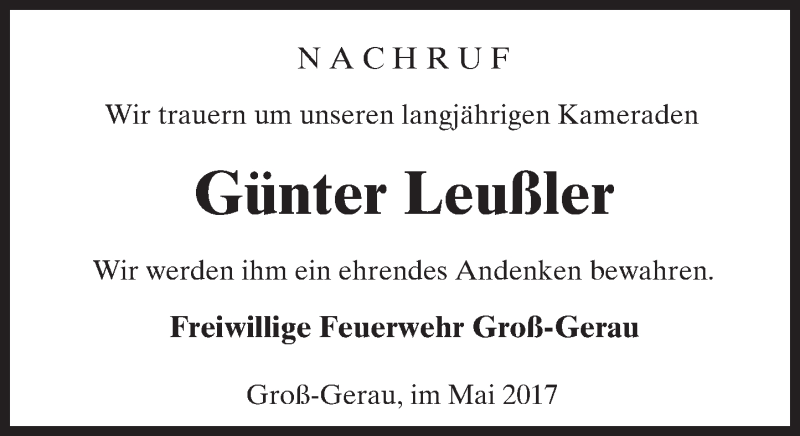  Traueranzeige für Günter Leußler vom 03.06.2017 aus Trauerportal Echo Online