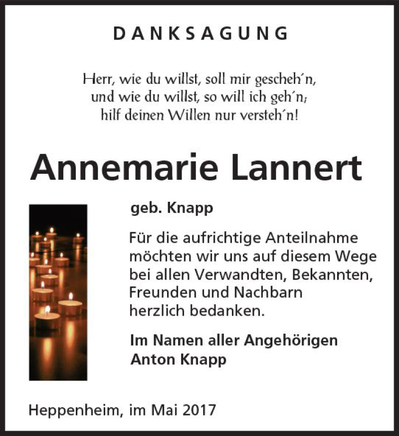  Traueranzeige für Annemarie Lannert vom 17.06.2017 aus Trauerportal Rhein Main Presse