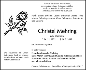 Traueranzeige von Christel Mehring von  Kreisanzeiger
