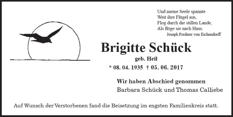  Traueranzeige für Brigitte Schück vom 24.06.2017 aus Trauerportal Echo Online