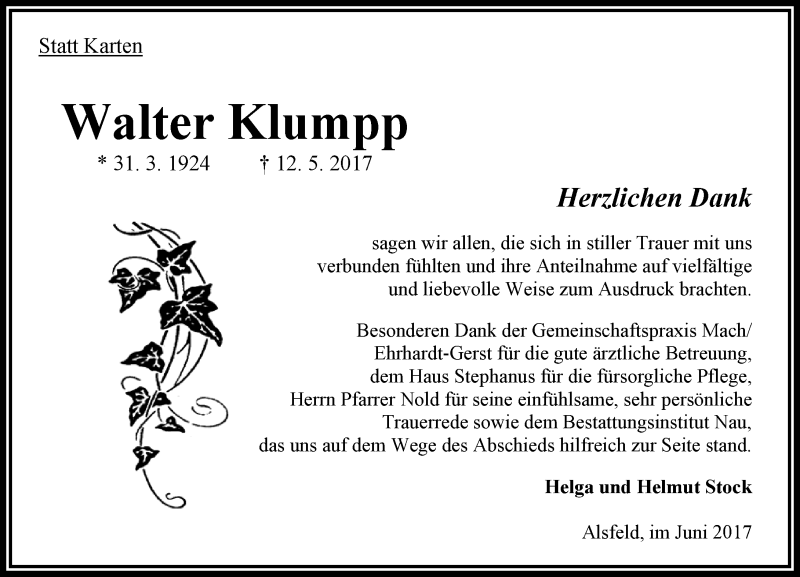  Traueranzeige für Walter Klumpp vom 08.06.2017 aus VRM Trauer