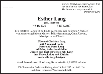 Traueranzeige von Esther Lang von Trauerportal Rhein Main Presse