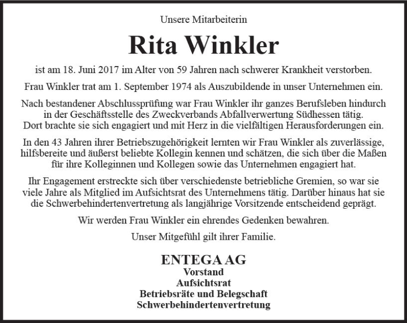  Traueranzeige für Rita Winkler vom 24.06.2017 aus Trauerportal Echo Online