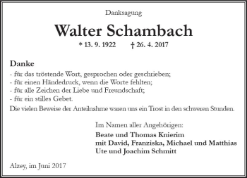 Traueranzeige von Walter Schambach von Trauerportal Rhein Main Presse