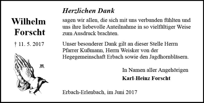  Traueranzeige für Wilhelm Forscht vom 10.06.2017 aus Trauerportal Echo Online