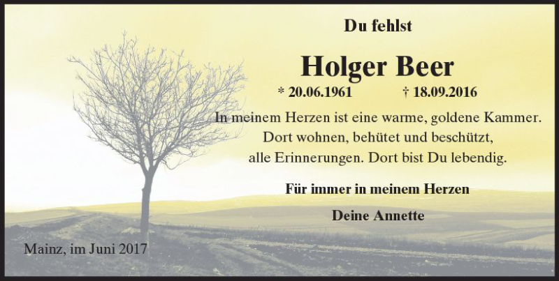 Traueranzeige für Holger Beer vom 20.06.2017 aus Trauerportal Rhein Main Presse