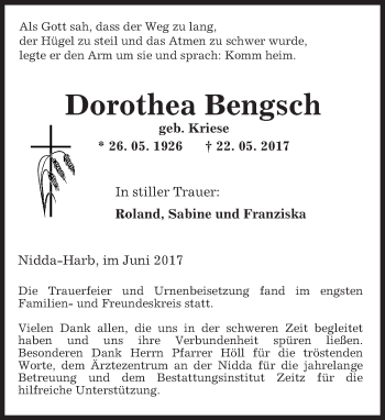 Traueranzeige von Dorothea Bengsch von  Kreisanzeiger