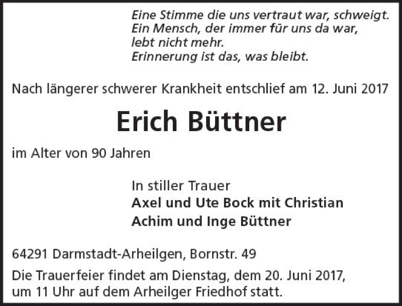  Traueranzeige für Erich Büttner vom 17.06.2017 aus Trauerportal Echo Online