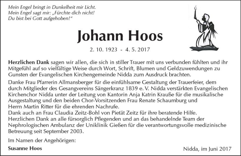  Traueranzeige für Johann Hoos vom 10.06.2017 aus  Kreisanzeiger