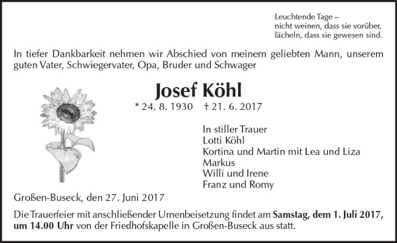  Traueranzeige für Josef Köhl vom 27.06.2017 aus  Gießener Anzeiger