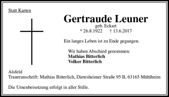 Traueranzeige von Gertraude Leuner von VRM Trauer