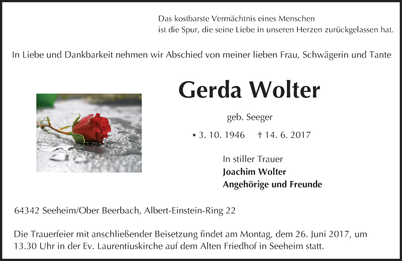  Traueranzeige für Gerda Wolter vom 21.06.2017 aus Trauerportal Echo Online