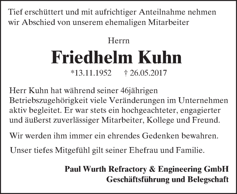  Traueranzeige für Friedhelm Kuhn vom 03.06.2017 aus Trauerportal Rhein Main Presse