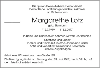 Traueranzeige von Margarethe Lotz von Trauerportal Echo Online