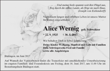 Traueranzeige von Alice Wernig von  Kreisanzeiger