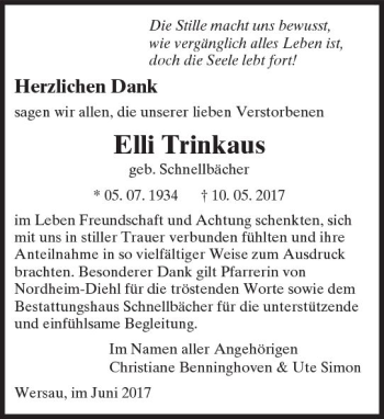 Traueranzeige von Elli Trinkaus von Trauerportal Echo Online