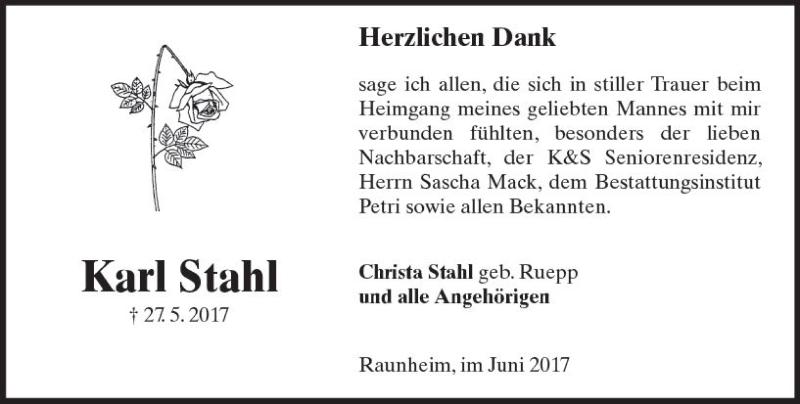  Traueranzeige für Karl Stahl vom 24.06.2017 aus Trauerportal Rhein Main Presse