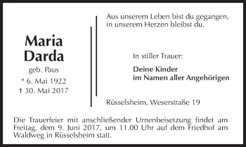 Traueranzeige von Maria Darda von Trauerportal Rhein Main Presse