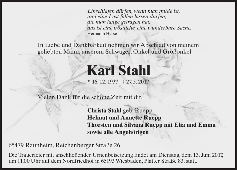  Traueranzeige für Karl Stahl vom 03.06.2017 aus Trauerportal Rhein Main Presse