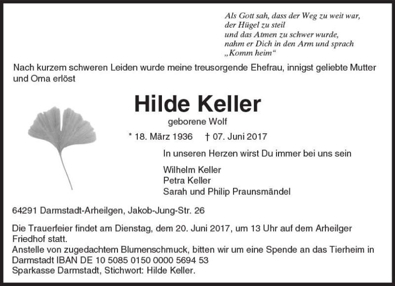  Traueranzeige für Hilde Keller vom 10.06.2017 aus Trauerportal Echo Online