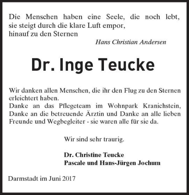  Traueranzeige für Inge Teucke vom 17.06.2017 aus Trauerportal Echo Online
