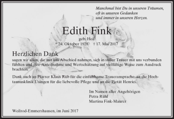 Traueranzeige von Edith Fink von  Usinger Anzeiger