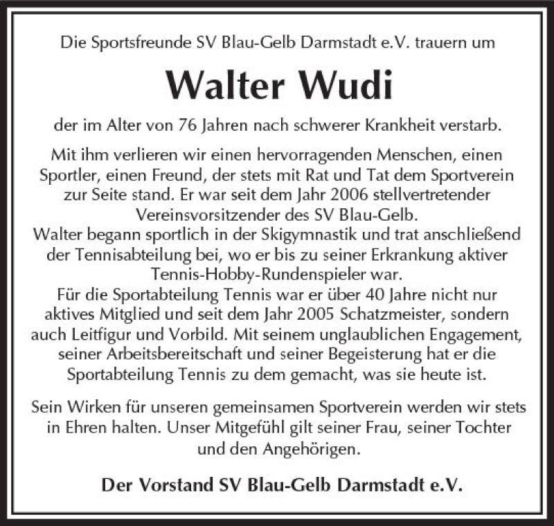  Traueranzeige für Walter Wudi vom 10.06.2017 aus Trauerportal Echo Online