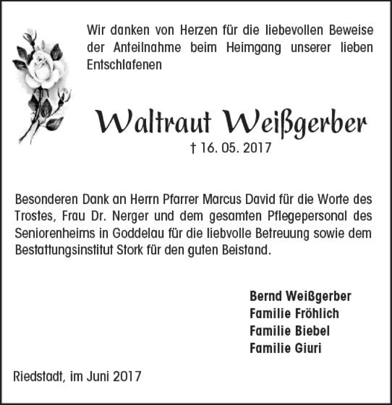  Traueranzeige für Waltraut Weißgerber vom 14.06.2017 aus Trauerportal Echo Online