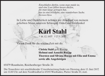 Traueranzeige von Karl Stahl von Trauerportal Rhein Main Presse
