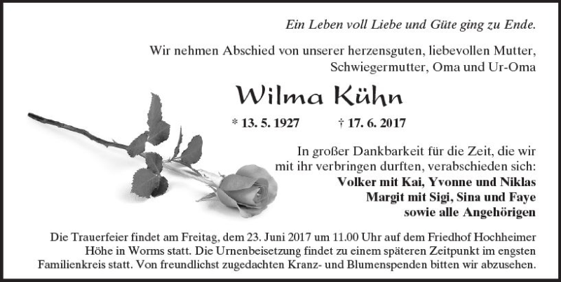  Traueranzeige für Wilma Kühn vom 21.06.2017 aus Trauerportal Rhein Main Presse