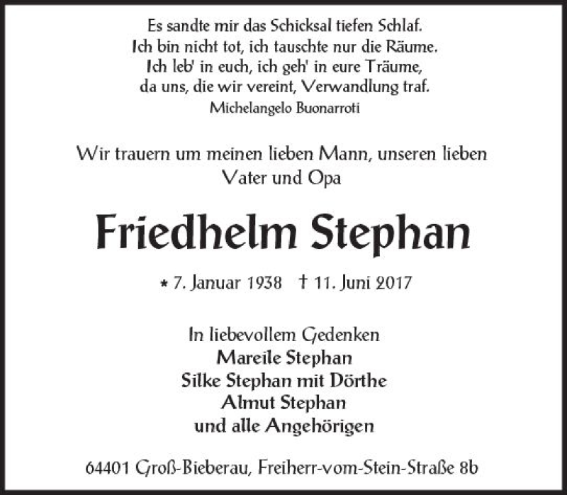 Traueranzeige für Friedhelm Stephan vom 26.06.2017 aus Trauerportal Echo Online