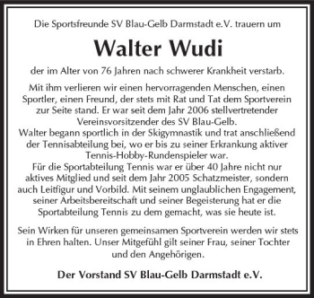 Traueranzeige von Walter Wudi von Trauerportal Echo Online