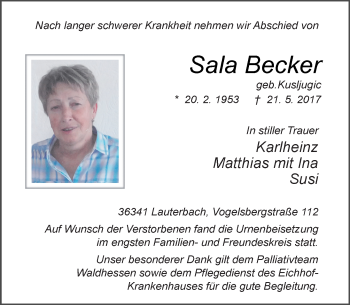 Traueranzeige von Sala Becker von VRM Trauer