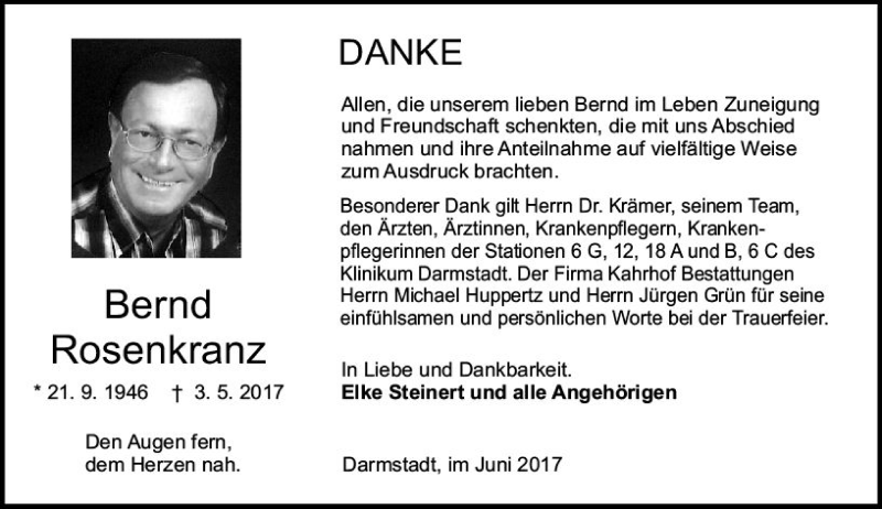  Traueranzeige für Bernd Rosenkranz vom 10.06.2017 aus Trauerportal Echo Online