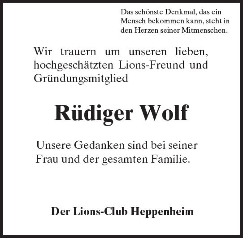  Traueranzeige für Rüdiger Wolf vom 14.06.2017 aus Trauerportal Echo Online