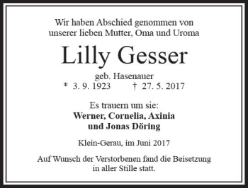 Traueranzeige von Lilly Gesser von VRM Trauer