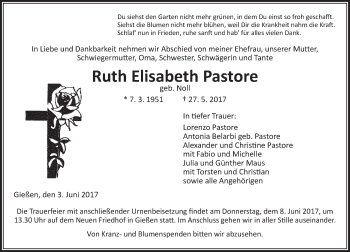 Traueranzeige von Ruth Elisabeth Pastore von  Gießener Anzeiger
