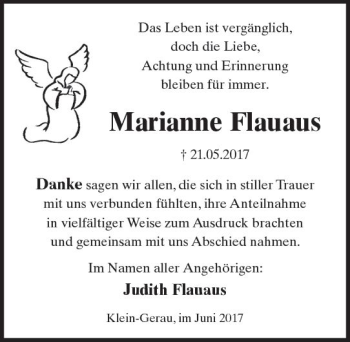 Traueranzeige von Marianne Flauaus von Trauerportal Echo Online
