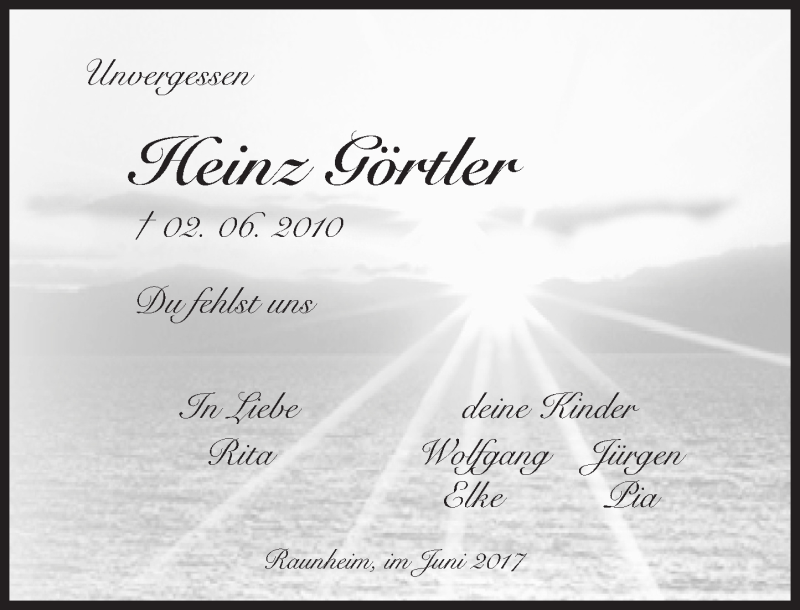  Traueranzeige für Heinz Görtler vom 03.06.2017 aus Trauerportal Rhein Main Presse