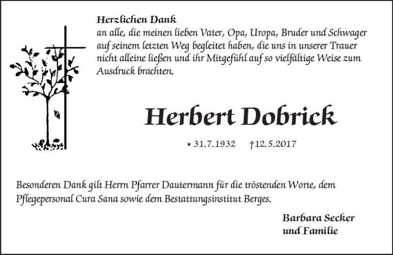  Traueranzeige für Herbert Dobrick vom 24.06.2017 aus Trauerportal Rhein Main Presse
