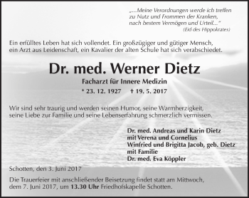 Traueranzeige von Werner Dietz von  Kreisanzeiger