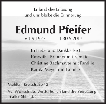 Traueranzeige von Edmund Pfeifer von Trauerportal Echo Online
