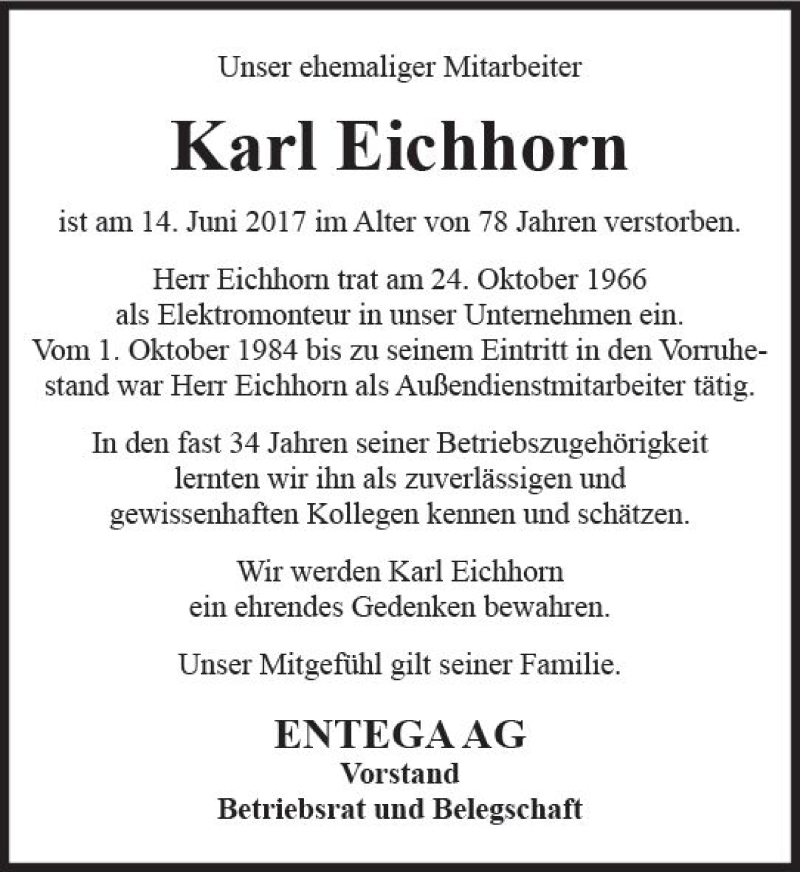  Traueranzeige für Karl Eichhorn vom 24.06.2017 aus Trauerportal Echo Online