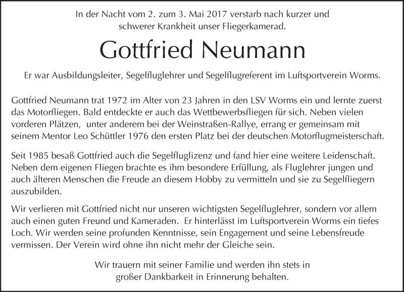  Traueranzeige für Gottfried Neumann vom 02.06.2017 aus Trauerportal Rhein Main Presse