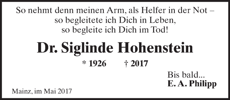  Traueranzeige für Siglinde Hohenstein vom 06.06.2017 aus Trauerportal Rhein Main Presse